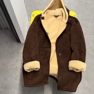 Lands' End, Brown Sherpa Suede Coat with Cream Lining